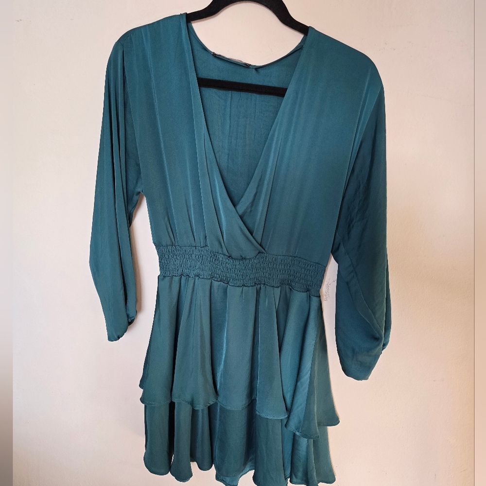 Zara Teal V-Neck Dress with Ruffle Hem
